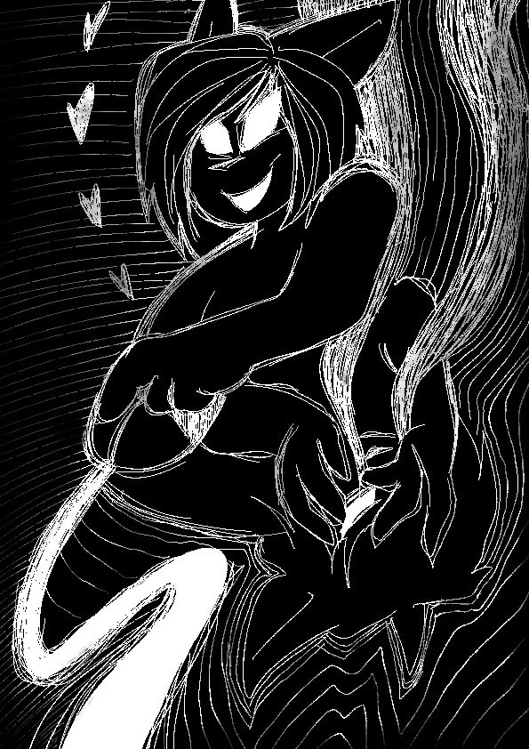 A black-and-white outline illustration of The Saviour. He seems to be split between two views, on the top she is smiling with his arm stretched forward, placed on a computer mouse with a cable stretching out, and floating heart symbols besides her; on the bottom he's upside down and crying with her hands covering his face, and seems to be bending down and crouching. She seems to be a cat with short hair.