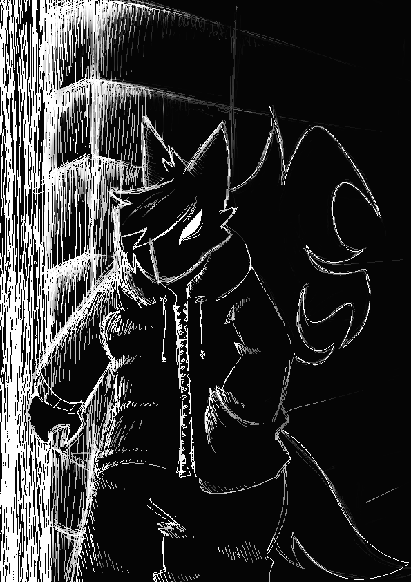A black-and-white outline illustration of The Shadow. It is wearing a jacket and looking to its right, tired, with one hand on the wall and the other in a pocket on the jacket. It looks scruffy and pensive, has long and flowy hair and a fluffy tail bending down, and seems to be a wolf. It seems to be walking along a wall and turning right at a corner.