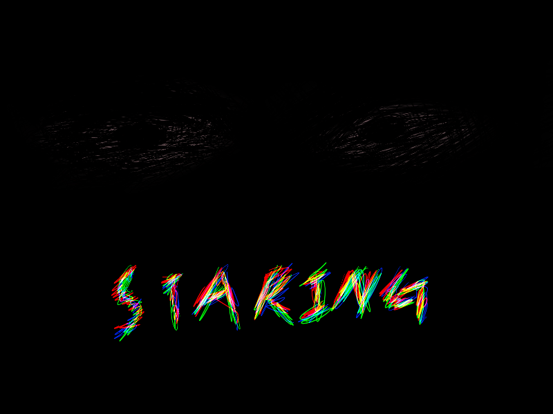 A crude-outlines illustration of a pair of overwhelmingly obscured eyes. There is a text below, 'Staring', that is in all-caps and shifts wildly.