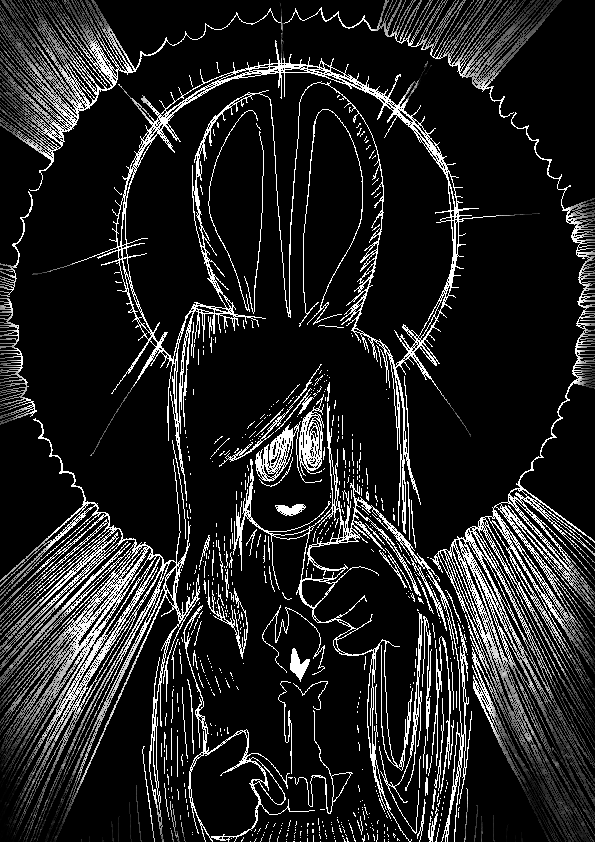 A black-and-white outline illustration of The Sunlight. She is wearing a robe of some sort and looking at the viewer with spiraly eyes, absent-minded, with one hand holding up a dripping candle and the other over the candle flame, and her long ears are perked up. She has straight hair reaching her shoulders and what seems to be light rays coming out behind her in circular arcs.